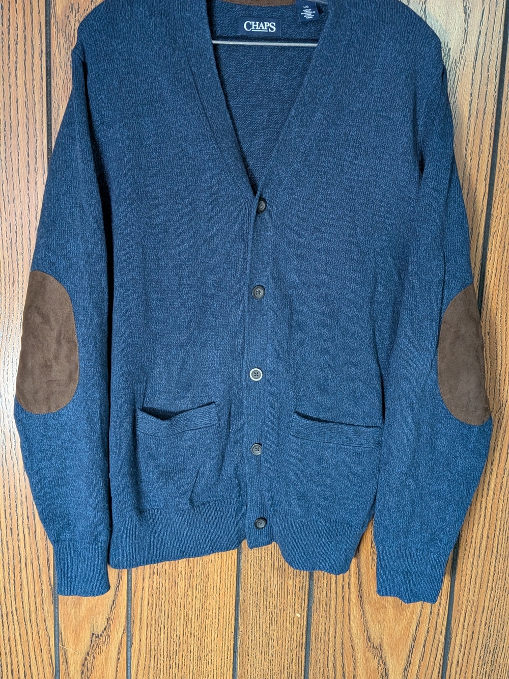 Chaps Men's Navy Cardigan with Brown Elbow Patches Size Large
